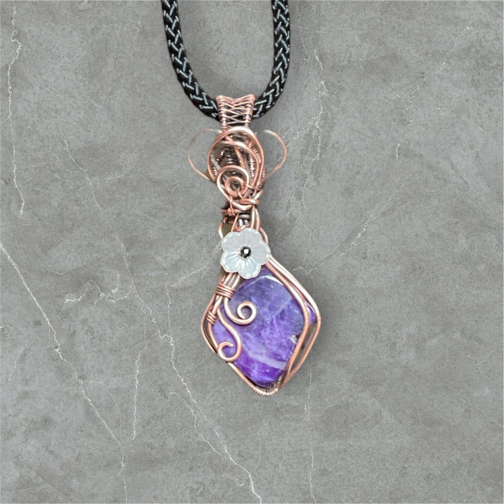 Charoite Wire Wrapped Pendant with Flower Accent
