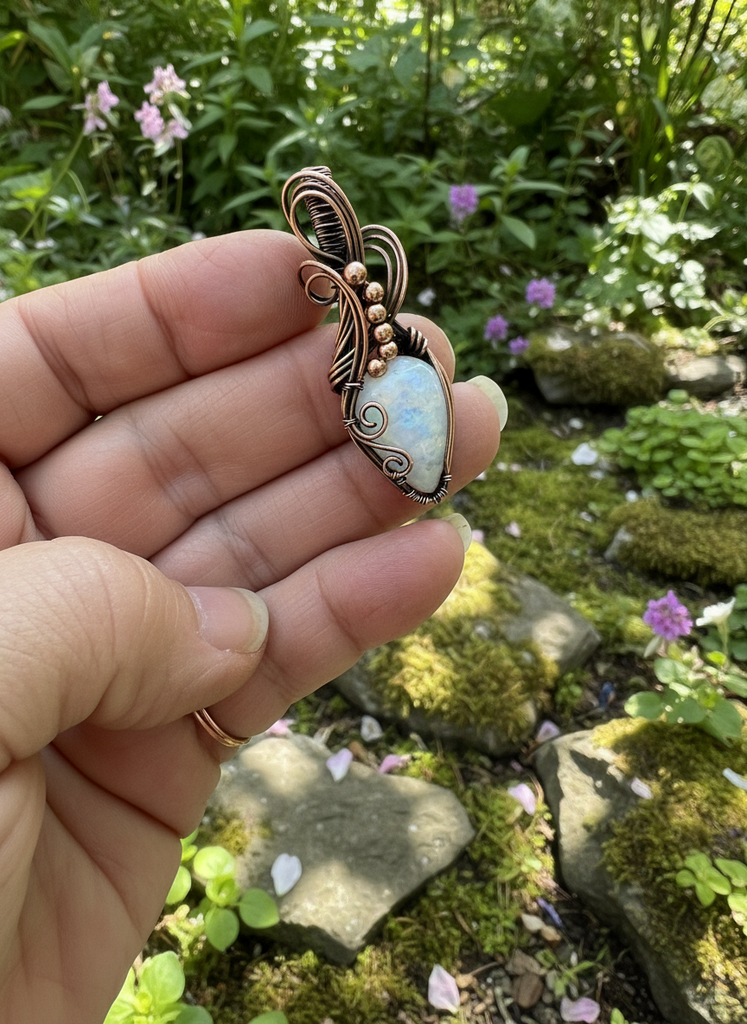 Rainbow Moonstone Wire Wrapped Pendant