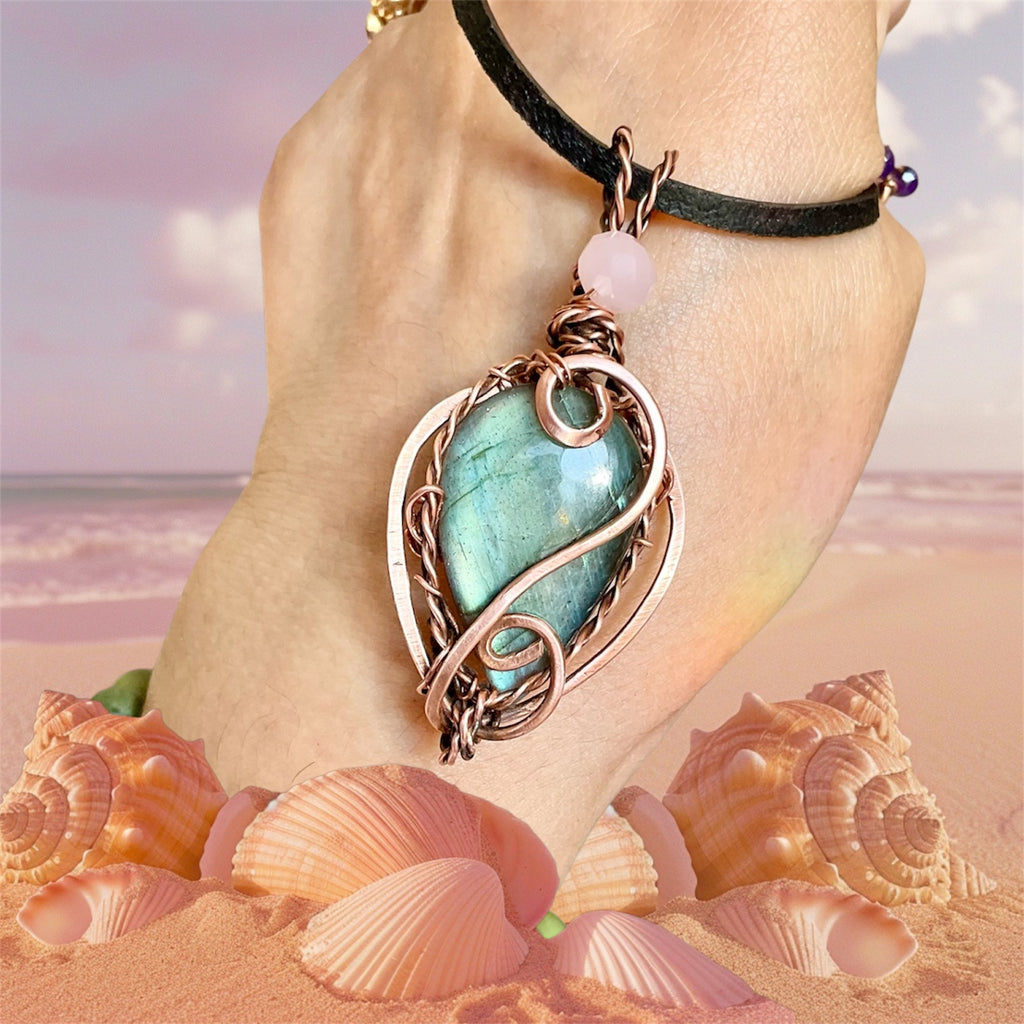 Labradorite & Rose Quartz Wire Wrapped Pendant