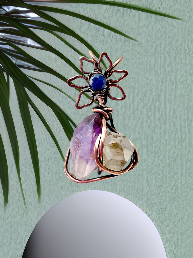 Amethyst & Herkimer Diamond Mini Pendant – Sapphire Flower Accent - Connie’s Crystals 