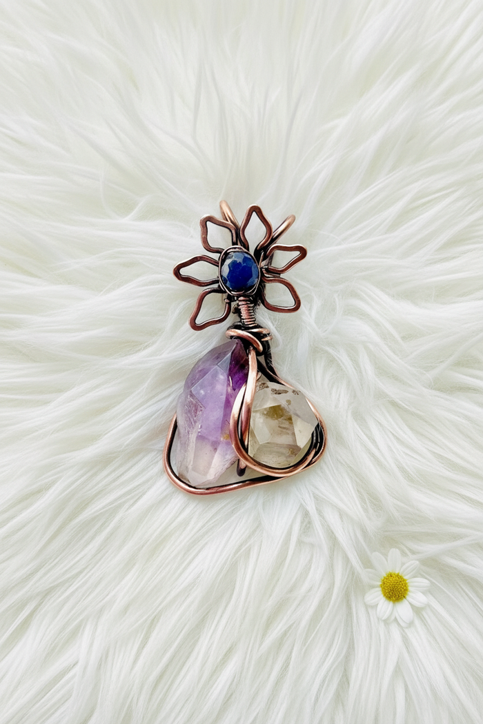 Amethyst & Herkimer Diamond Mini Pendant – Sapphire Flower Accent