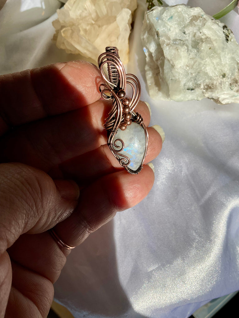 Rainbow Moonstone Wire Wrapped Pendant