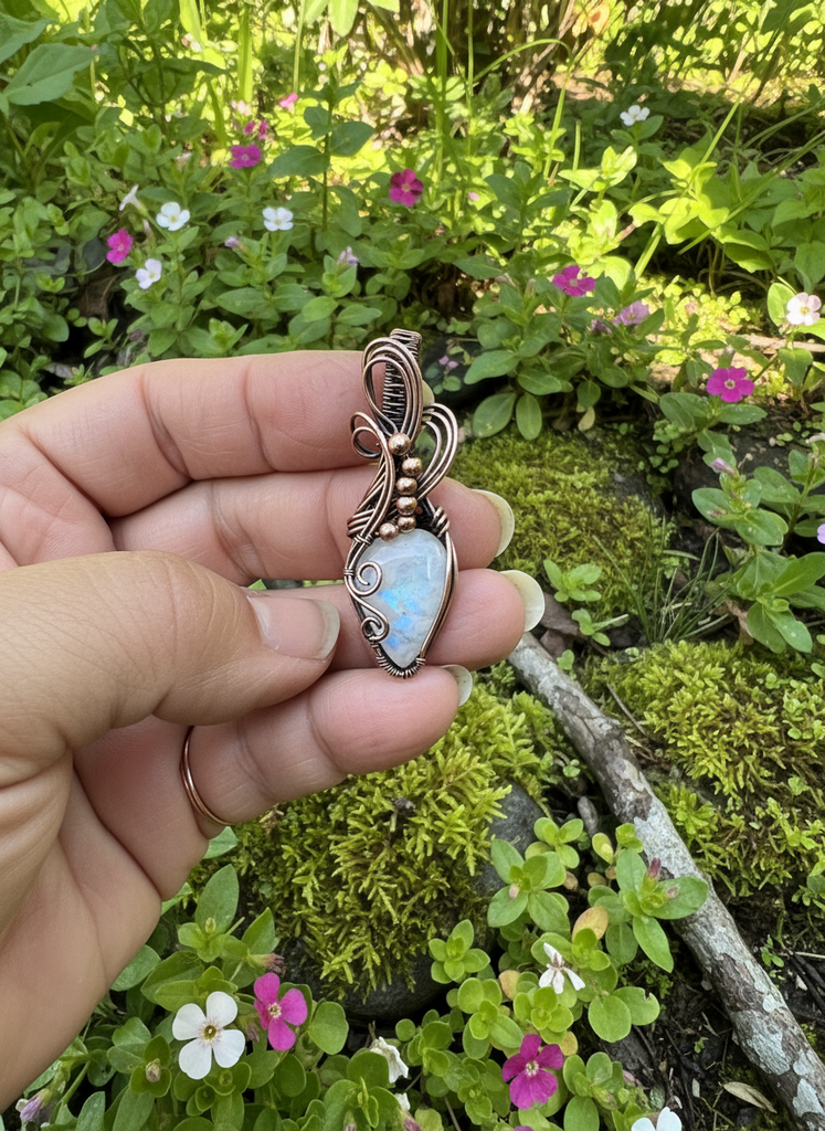 Rainbow Moonstone Wire Wrapped Pendant