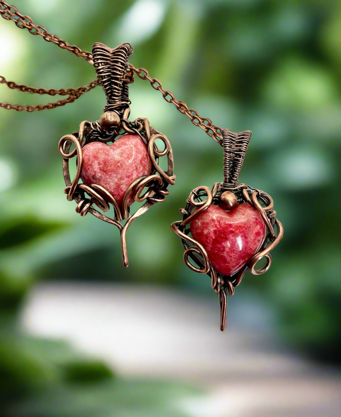 Rhodochrosite Heart Shaped Wire Wrapped Pendants