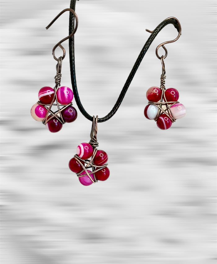 Magenta Striped Agate Pentagram Earrings & Pendant Set - Connie’s Crystals 