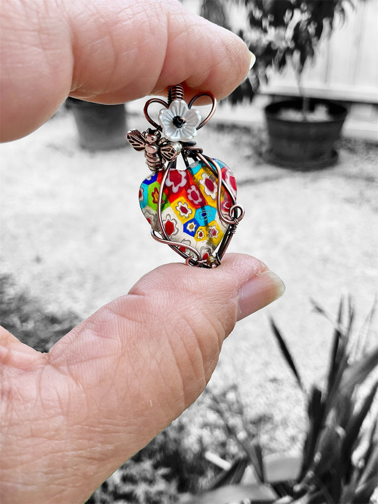 Millefiori Heart Pendant with Bee & Spinel Flower Accents