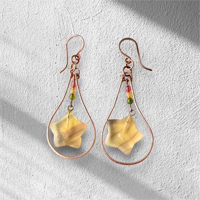 Fluorite Star Earrings with Rainbow Tourmaline