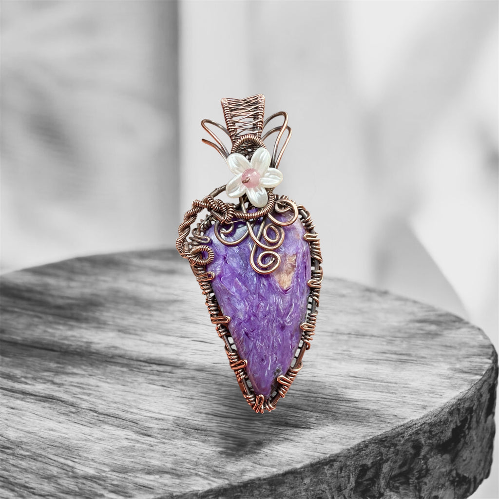 Charoite & Pink Tourmaline Copper Wire-Wrapped Pendant 💜🌸 - Connie’s Crystals 