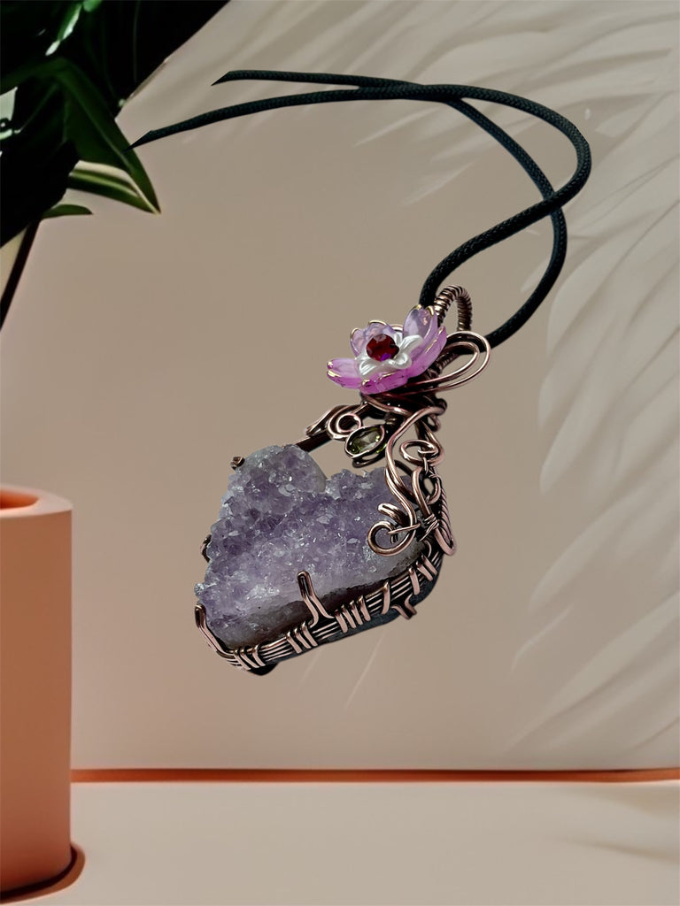 Amethyst Druzy Heart Pendant with Peridot & Flower Accent - Connie’s Crystals 