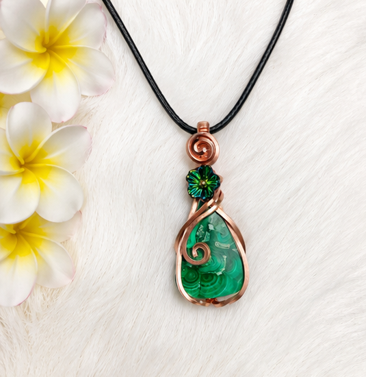Malachite Copper Wire Wrapped Pendant with Green Flower Accent