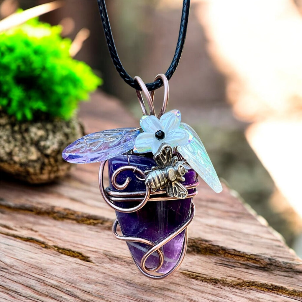 Chevron Amethyst “Bee & Bloom” Pendant — Black Spinel Flower Centre - Connie’s Crystals 