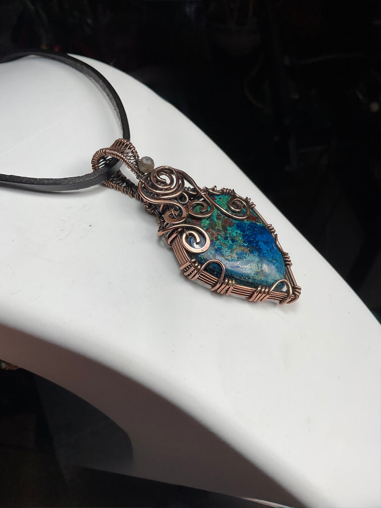 Azurite With Chrysocolla Copper Wire Wrapped Pendant