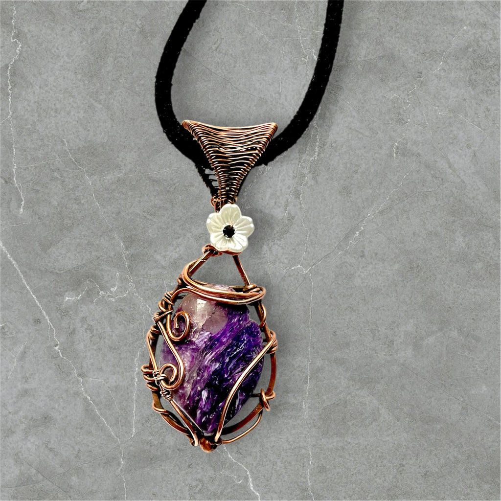 Charoite Wire Wrapped Pendant With Flower Accent