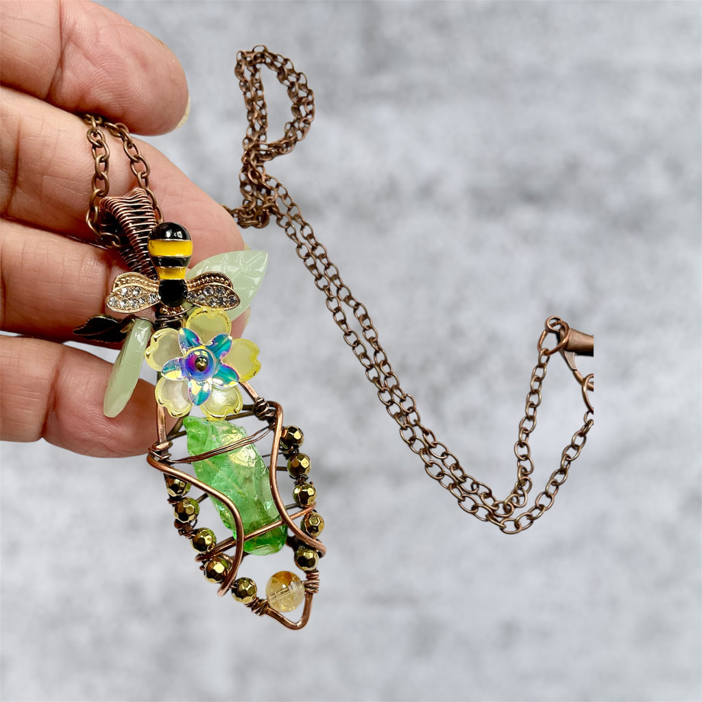 Green Aura Quartz Bee & Blossom Wire Wrapped Pendant