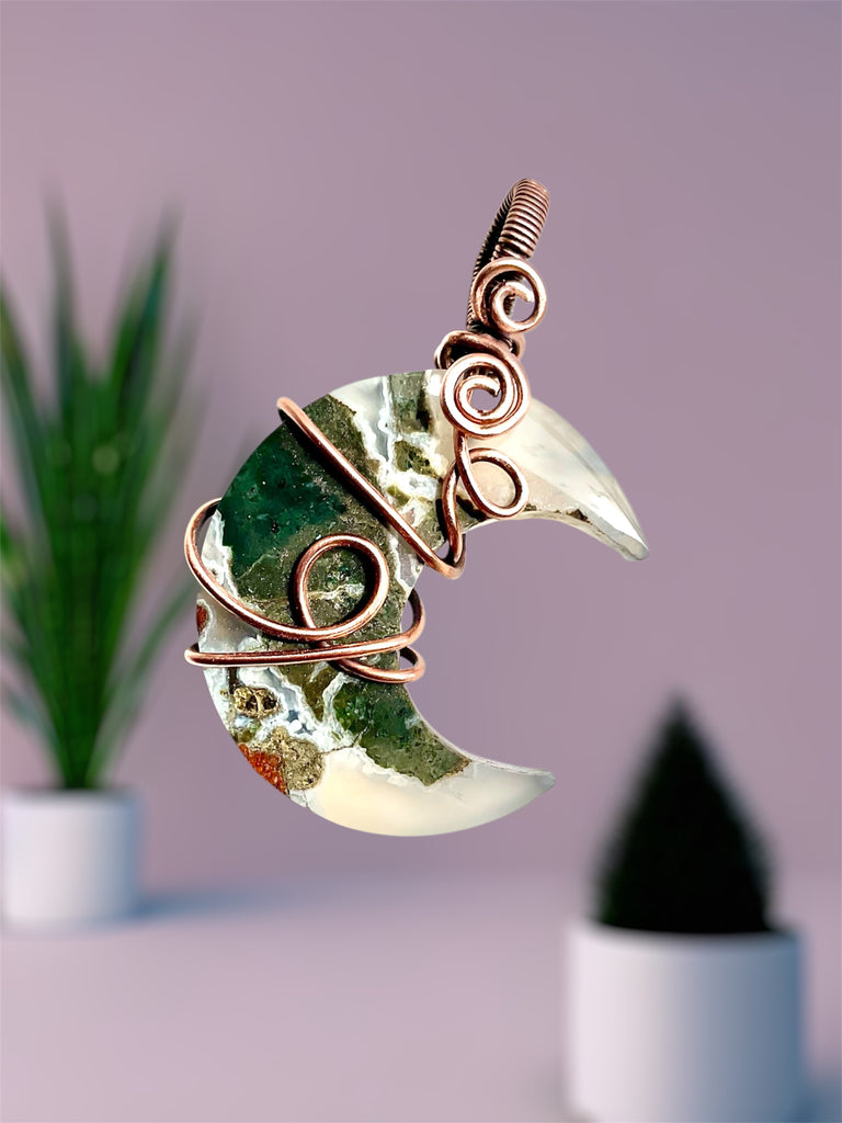 Moss Agate Crescent Moon Pendant – Copper Wire Wrapped - Connie’s Crystals 