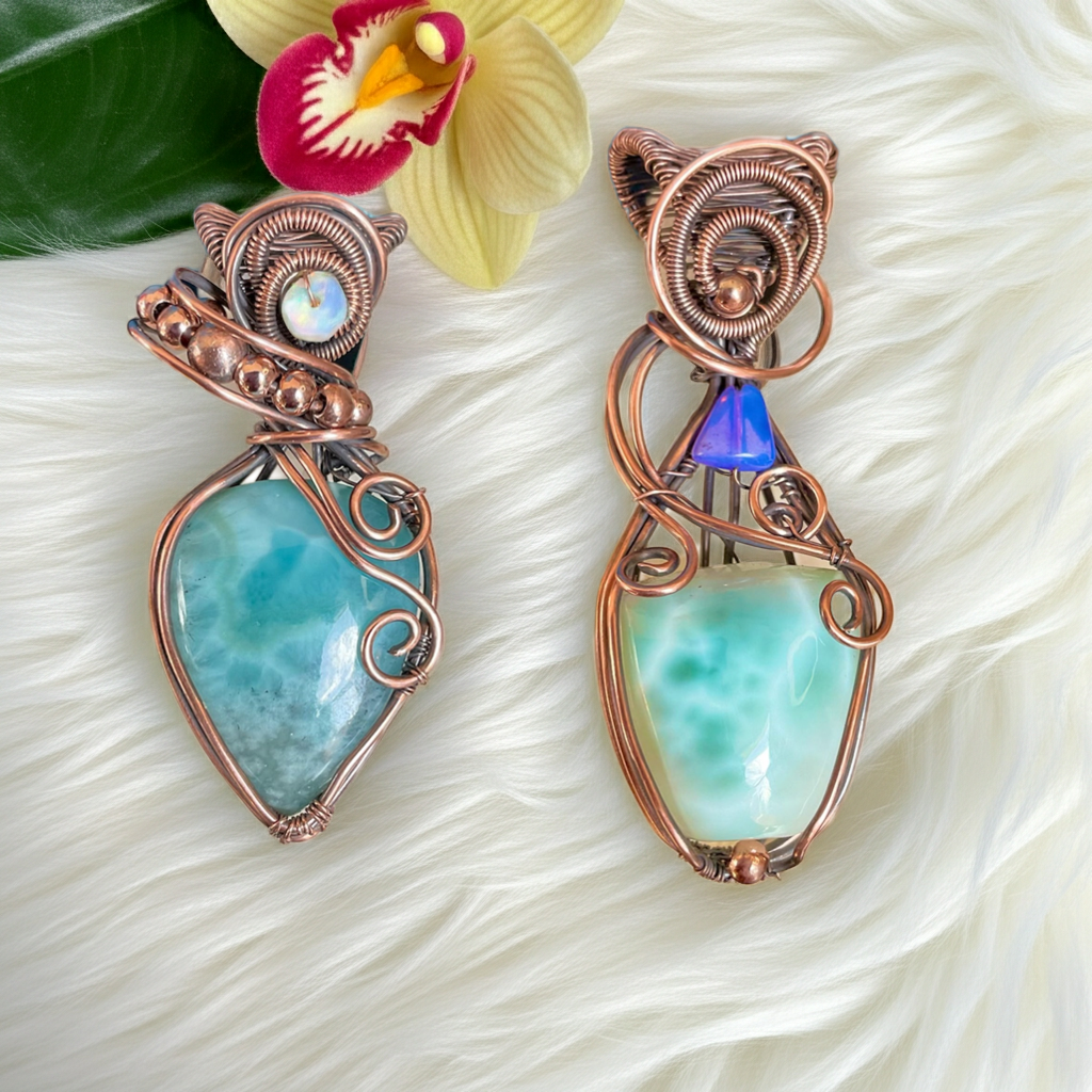 Larimar Wire Wrapped Pendants with Ethiopian Opal Accents - Connie’s Crystals 