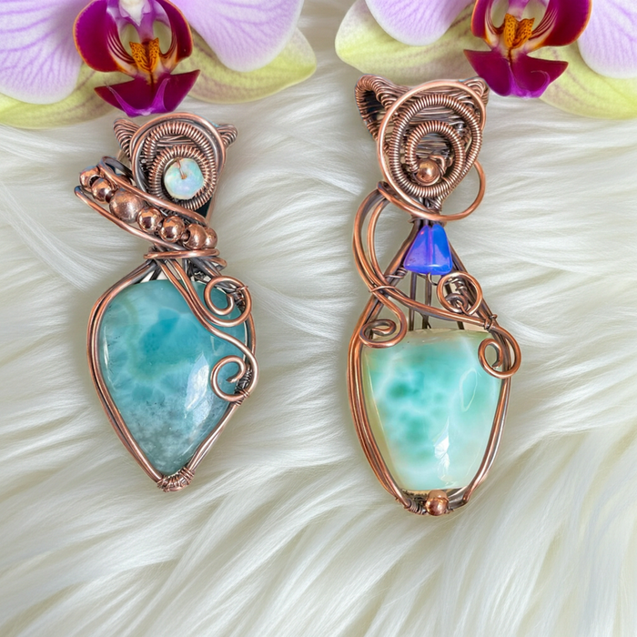 Larimar Wire Wrapped Pendants with Ethiopian Opal Accents - Connie’s Crystals 