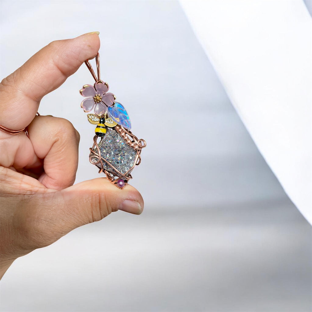 Amethyst Aura Quartz Bee & Blossom Wire Wrapped Pendant