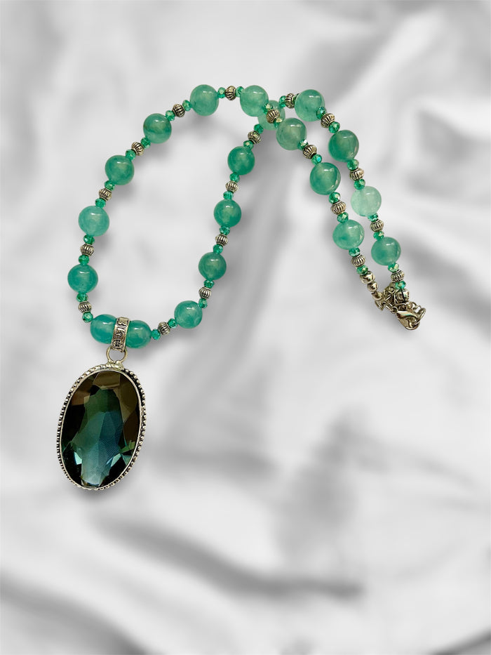Green Iolite Faceted Pendant with Blue Jade & Tibetan Silver Necklace