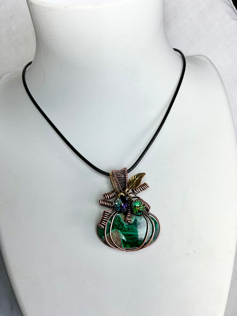 Chrysocolla in Malachite Pumpkin Pendant | Copper Wire Wrapped