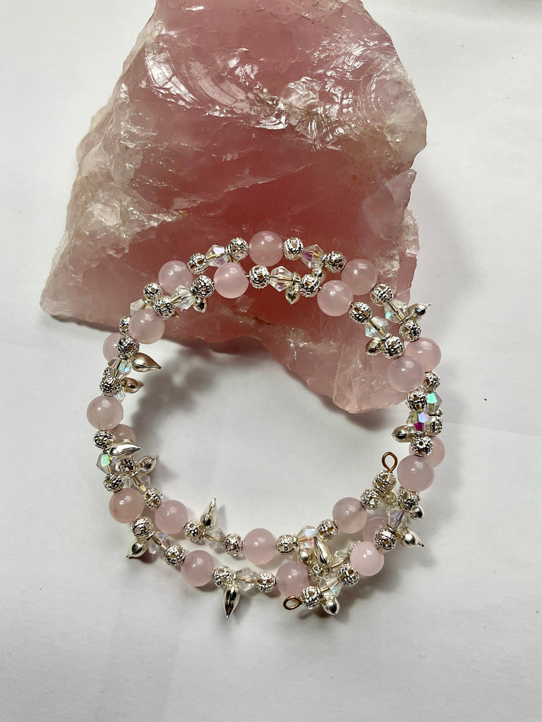 Rose Quartz “Chain Of Hearts” Memory Wire Bracelet - Connie’s Crystals 