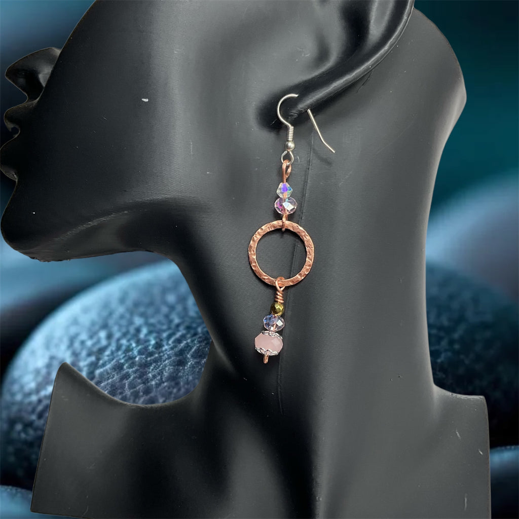 Handmade Rose Quartz & Copper Hammered Hoop Earrings