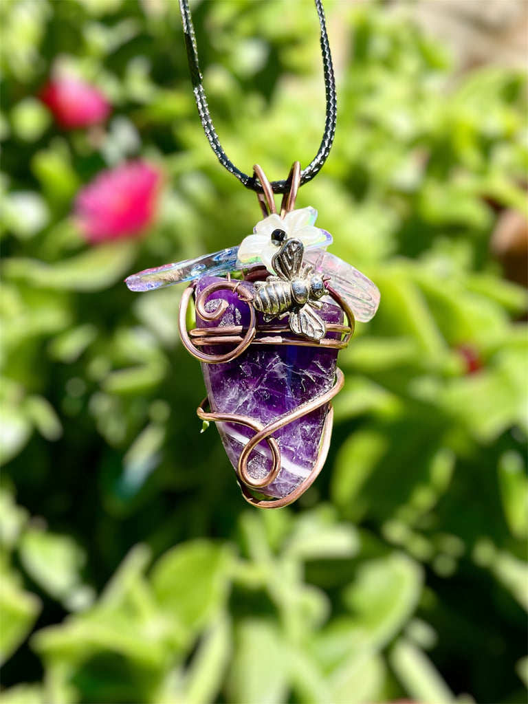 Chevron Amethyst “Bee & Bloom” Pendant — Black Spinel Flower Centre - Connie’s Crystals 