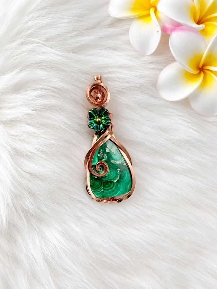 Malachite Copper Wire Wrapped Pendant with Green Flower Accent