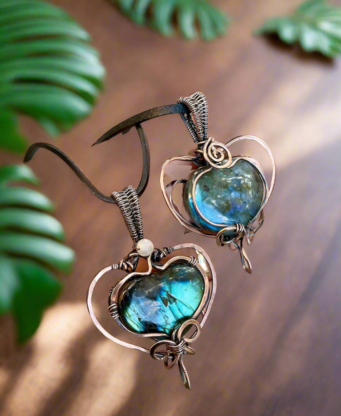 Labradorite Large Puffy Heart Wire Wrapped Pendants - Connie’s Crystals 