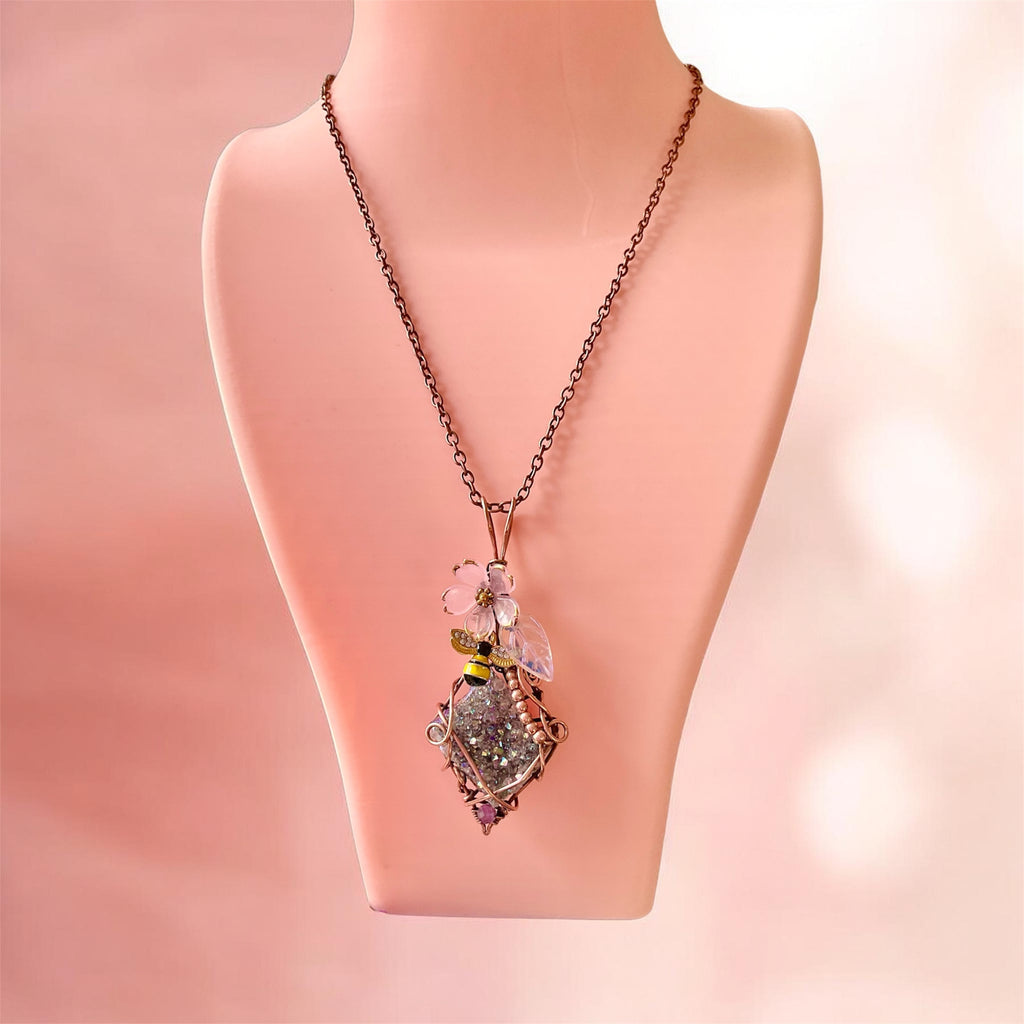 Amethyst Aura Quartz Bee & Blossom Wire Wrapped Pendant