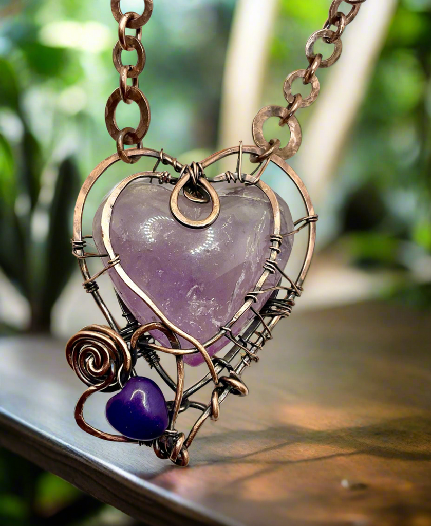Amethyst Twin Hearts Wire Wrapped Pendant - Connie’s Crystals 