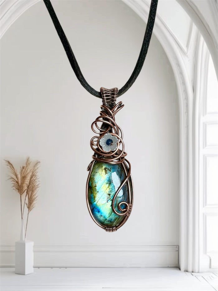 Labradorite Wire Wrapped Pendant with Sapphire