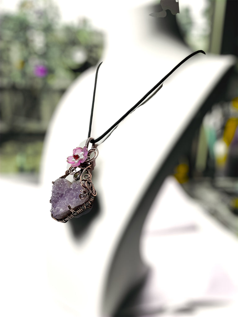 Amethyst Druzy Heart Pendant with Peridot & Flower Accent - Connie’s Crystals 