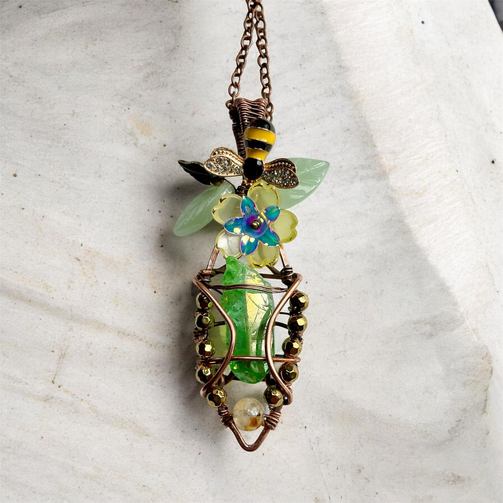 Green Aura Quartz Bee & Blossom Wire Wrapped Pendant