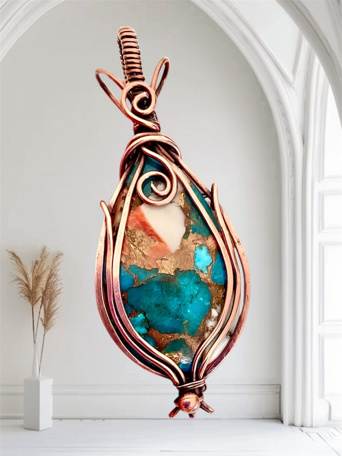 Spiny Oyster Turquoise Wire Wrapped Pendant