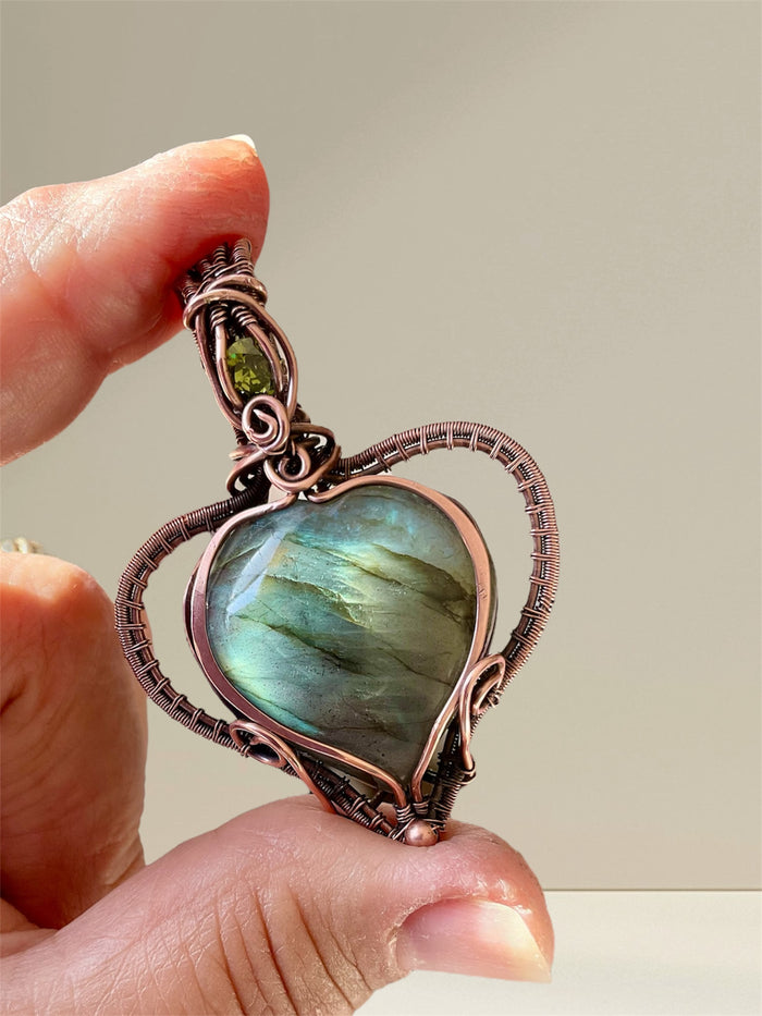 Labradorite Puffy Heart Wire Wrapped Pendant with Peridot Accent