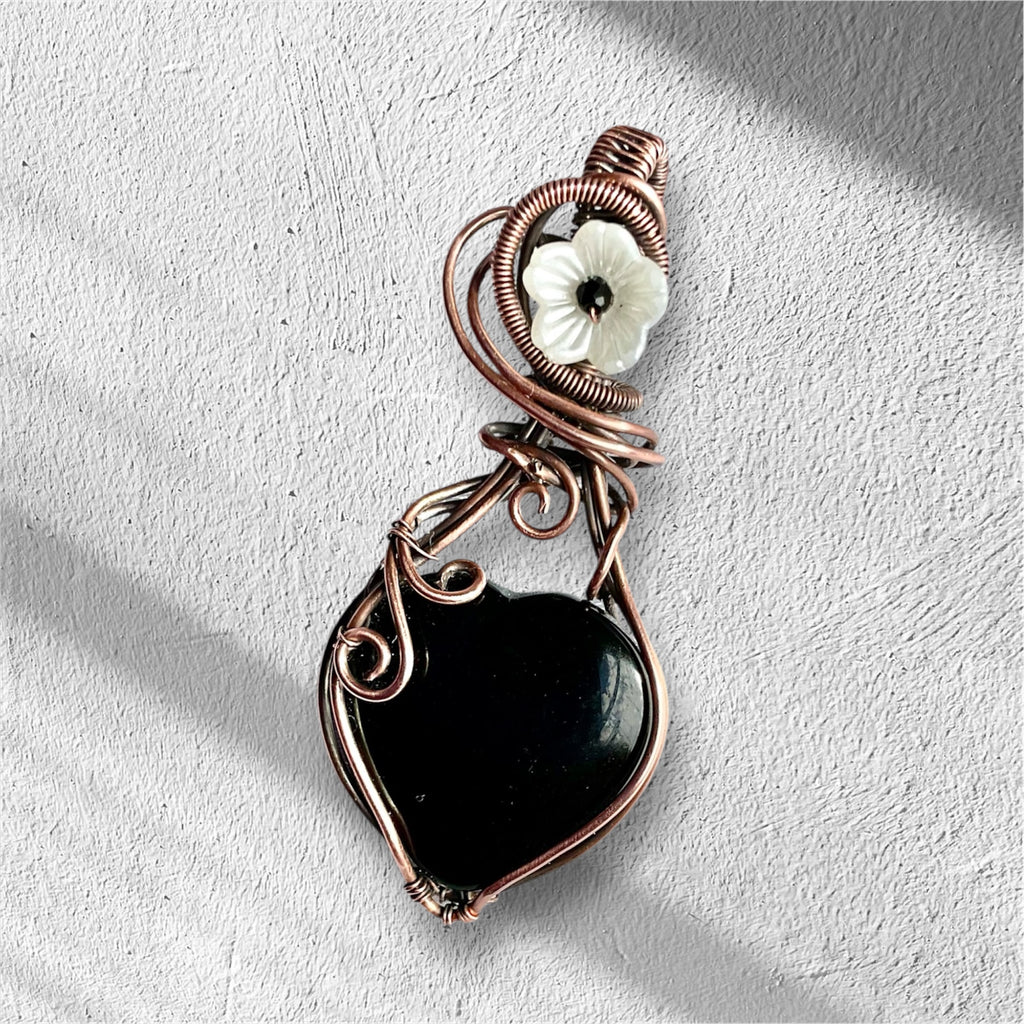 Black Obsidian Heart Pendant with Flower and Black Spinel Accent