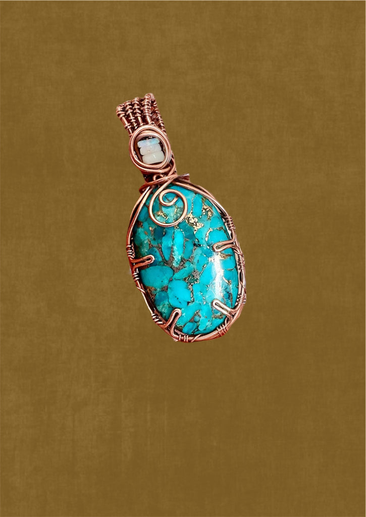 Handcrafted Nevada Turquoise & Opal Wire-Wrapped Pendant