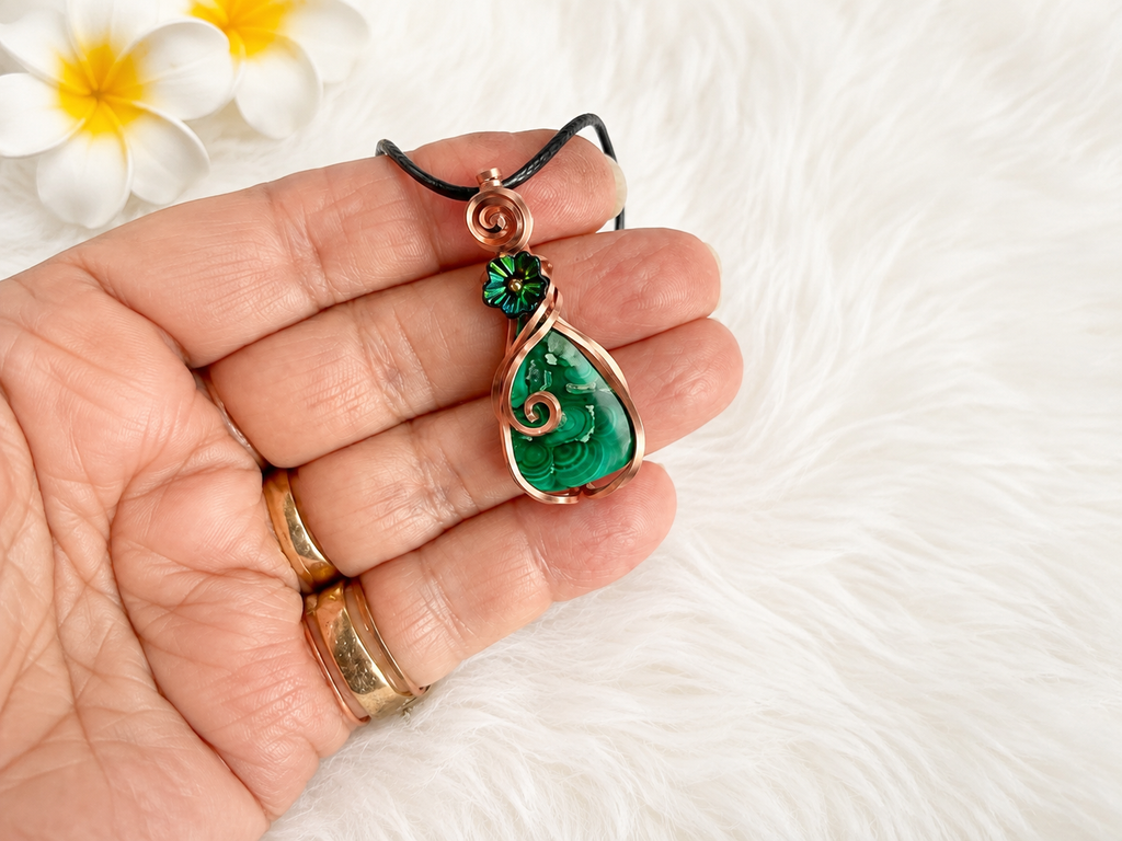 Malachite Copper Wire Wrapped Pendant with Green Flower Accent