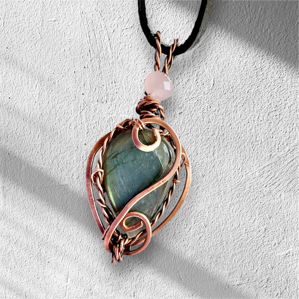 Labradorite & Rose Quartz Wire Wrapped Pendant