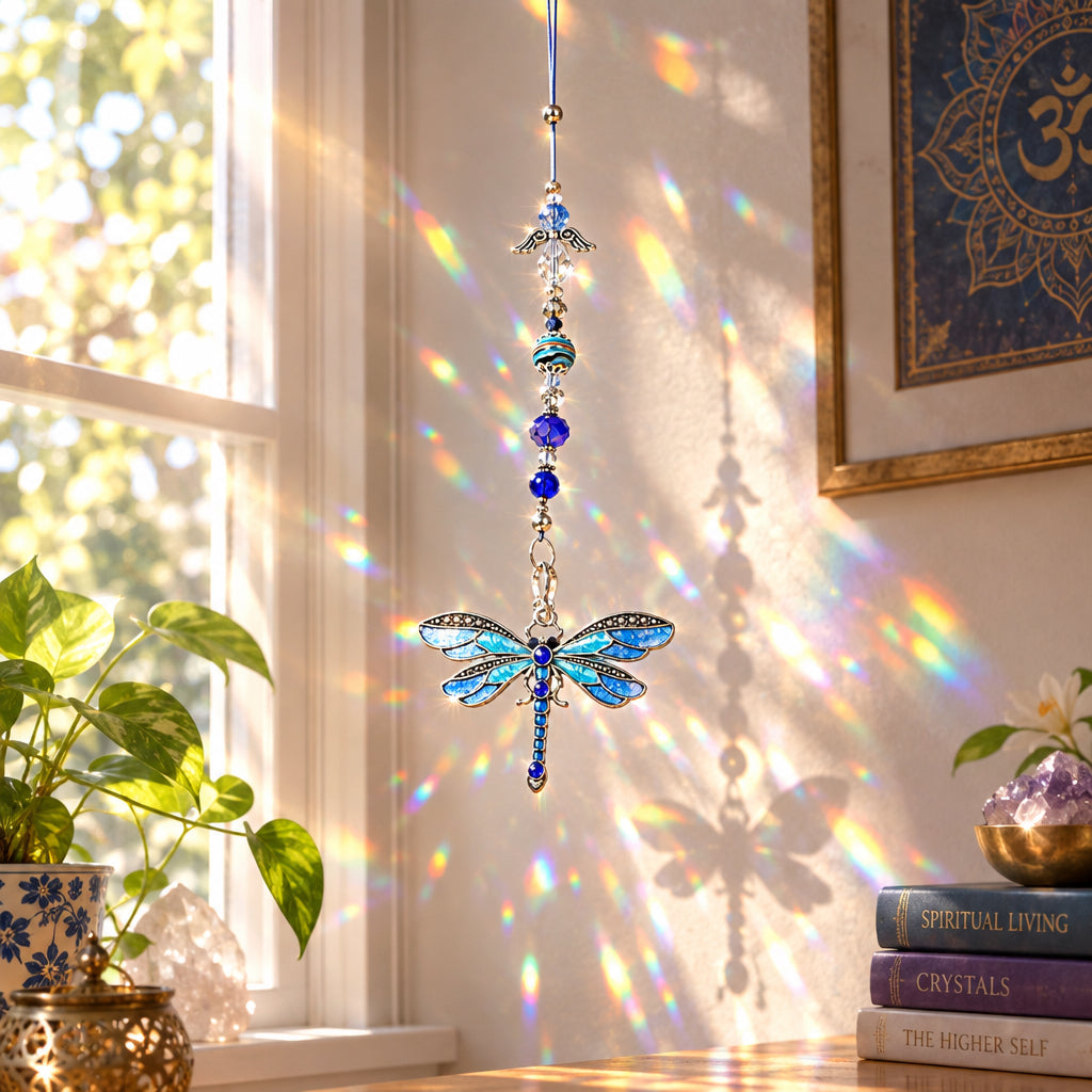 Blue Dragonfly Sun Catcher with Angel and Beaded Detail