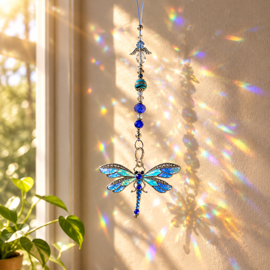 Blue Dragonfly Sun Catcher with Angel and Beaded Detail