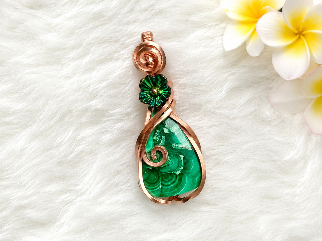 Malachite Copper Wire Wrapped Pendant with Green Flower Accent