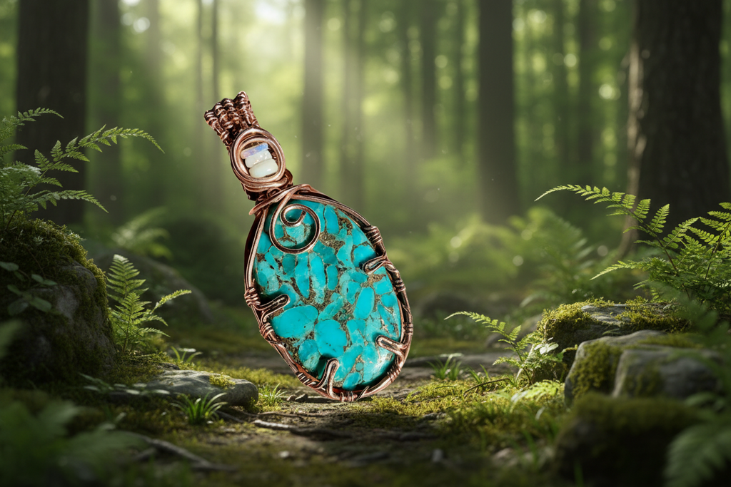 Handcrafted Nevada Turquoise & Opal Wire-Wrapped Pendant - Connie’s Crystals 