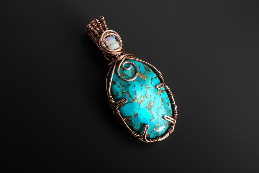 Handcrafted Nevada Turquoise & Opal Wire-Wrapped Pendant - Connie’s Crystals 
