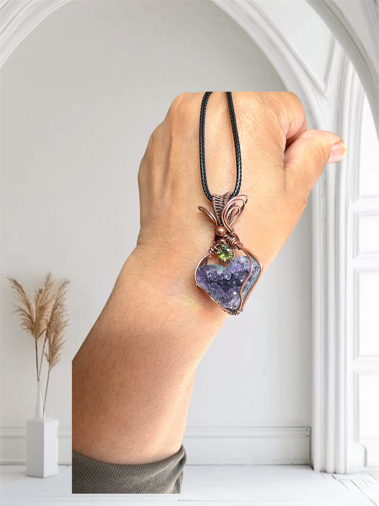 Amethyst Heart Geode Pendant with Peridot Accent