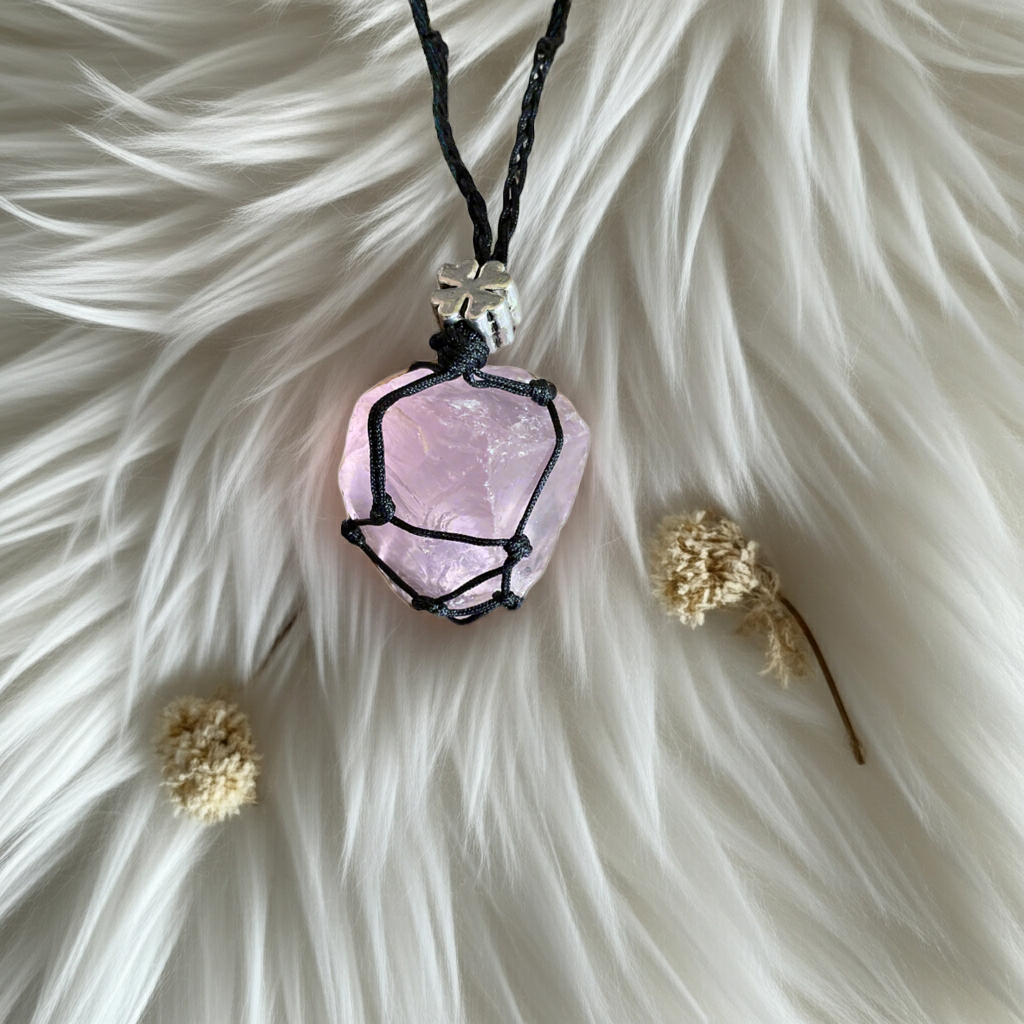 Rough Rose Quartz Macramé Wrapped Pendant - Connie’s Crystals 