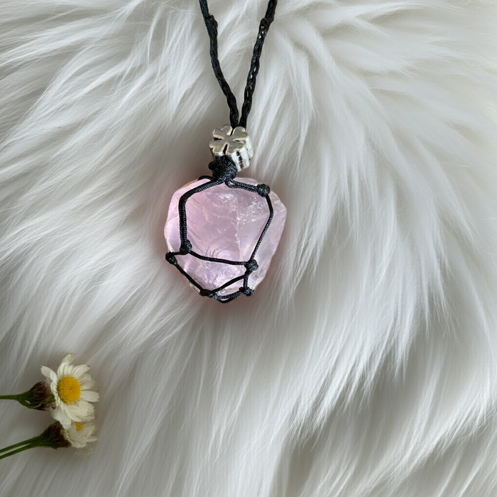 Rough Rose Quartz Macramé Wrapped Pendant - Connie’s Crystals 