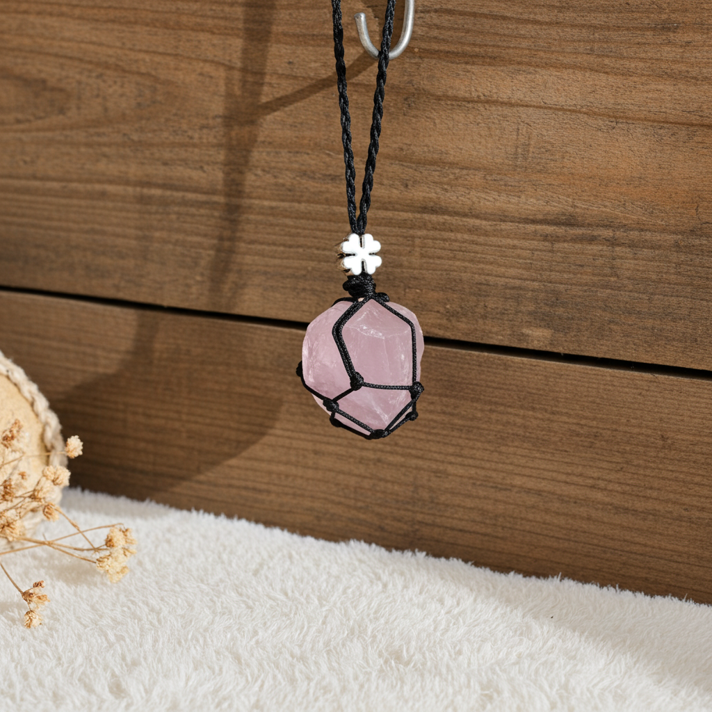 Rough Rose Quartz Macramé Wrapped Pendant - Connie’s Crystals 