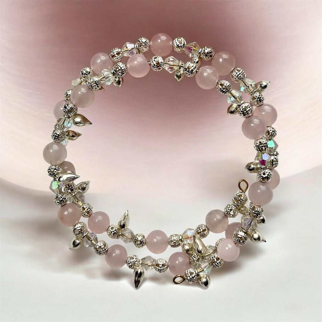 Rose Quartz “Chain Of Hearts” Memory Wire Bracelet - Connie’s Crystals 